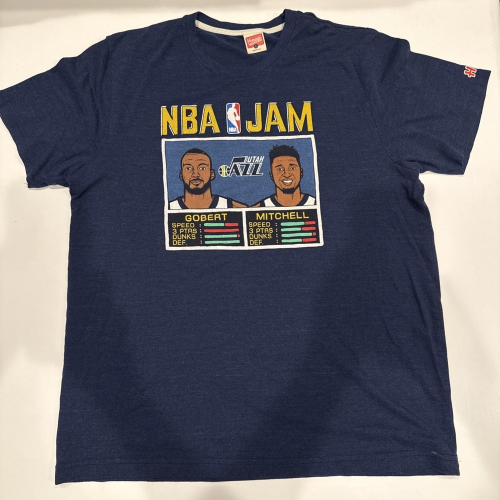 Homage NBA JAM T-Shirt UTAH JAZZ Gobert & Mitchell Blue Short Sleeve Large